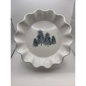 Crofton~2021~Ceramic Pie Dish Ruffled Edge~White w Green Pine Tree Design~Aldi